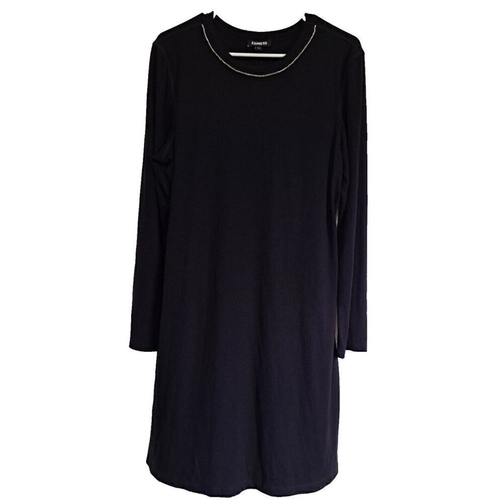 Express Women's XL Black Long Sleeve Rib Knit Sweater Dress Rhinestone Trim NEW